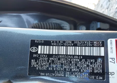 2012 Toyota Camry Se из США, поврежденный, VIN 4T1BF1FK7CU087717